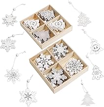 Belle Vous Nordic Wooden Christmas Decoration Hanging – Wooden Christmas Decoration in 8 Designs of Snowflakes and Christmas Trees (White and Silver)