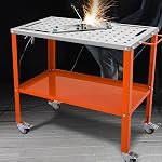 VEVOR 36" x 18" Welding Table, 1200lbs Load Capacity Steel Welding Workbench Table on Wheels, Portable Work Bench with Braking Lockable Casters, 4 Tool Slots, 5/8-inch Fixture Holes, Tool Tray