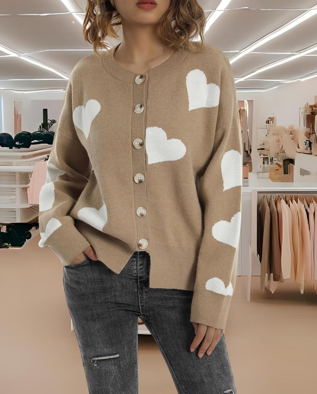 Women's Oversized Knit Cardigan - Cute Flower Pattern Loose Long Sleeve Round Neck Sweater for Autumn Winter - Image 2