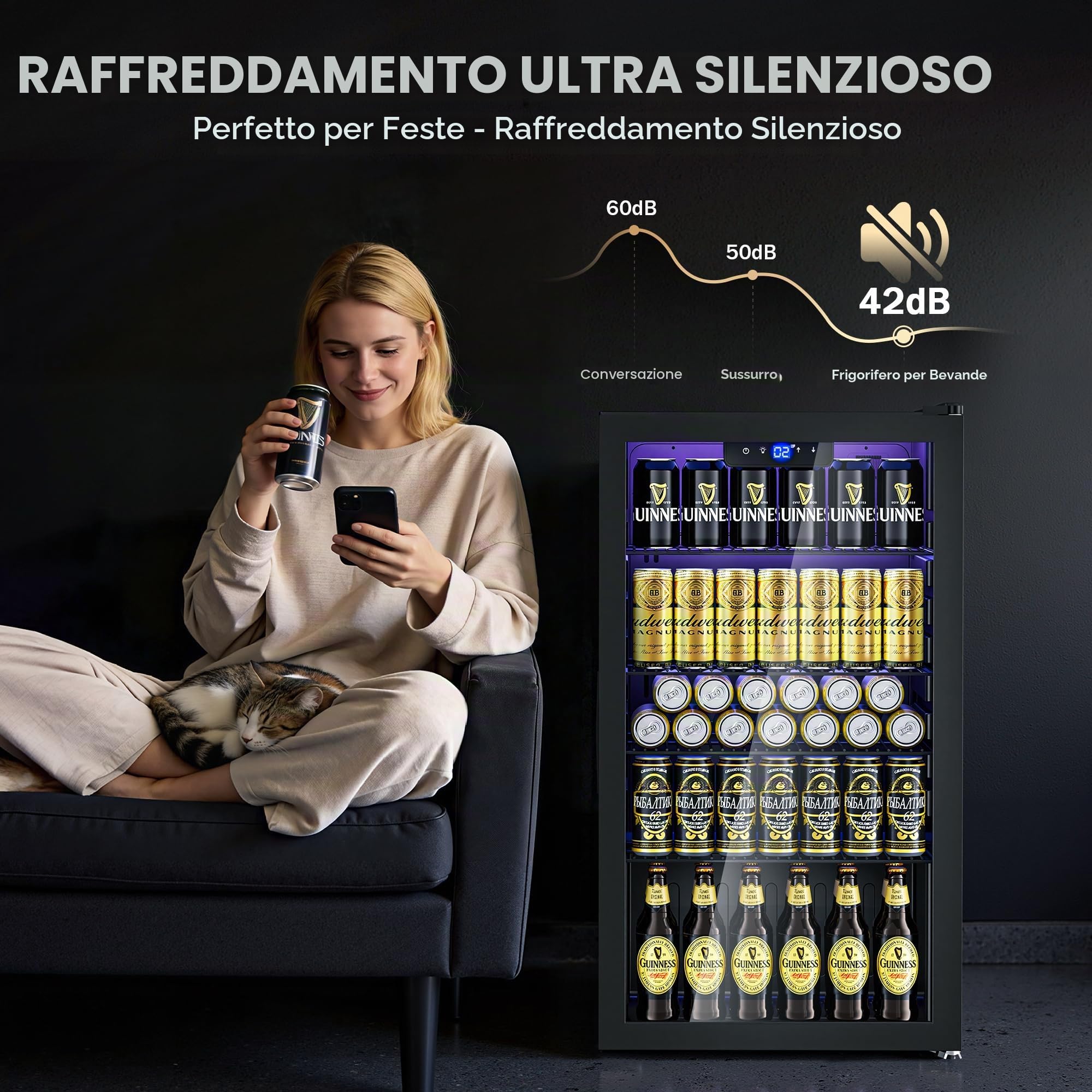 TRIUMPHKEY Frigorifero per Bevande 86L con Porta in Vetro, Frigo Bevande con 4 Ripiani Regolabili, Capacità fino a 130 Lattine, Mini Frigo per Birra e Bibite, Ideale per Casa, Bar e Ufficio
