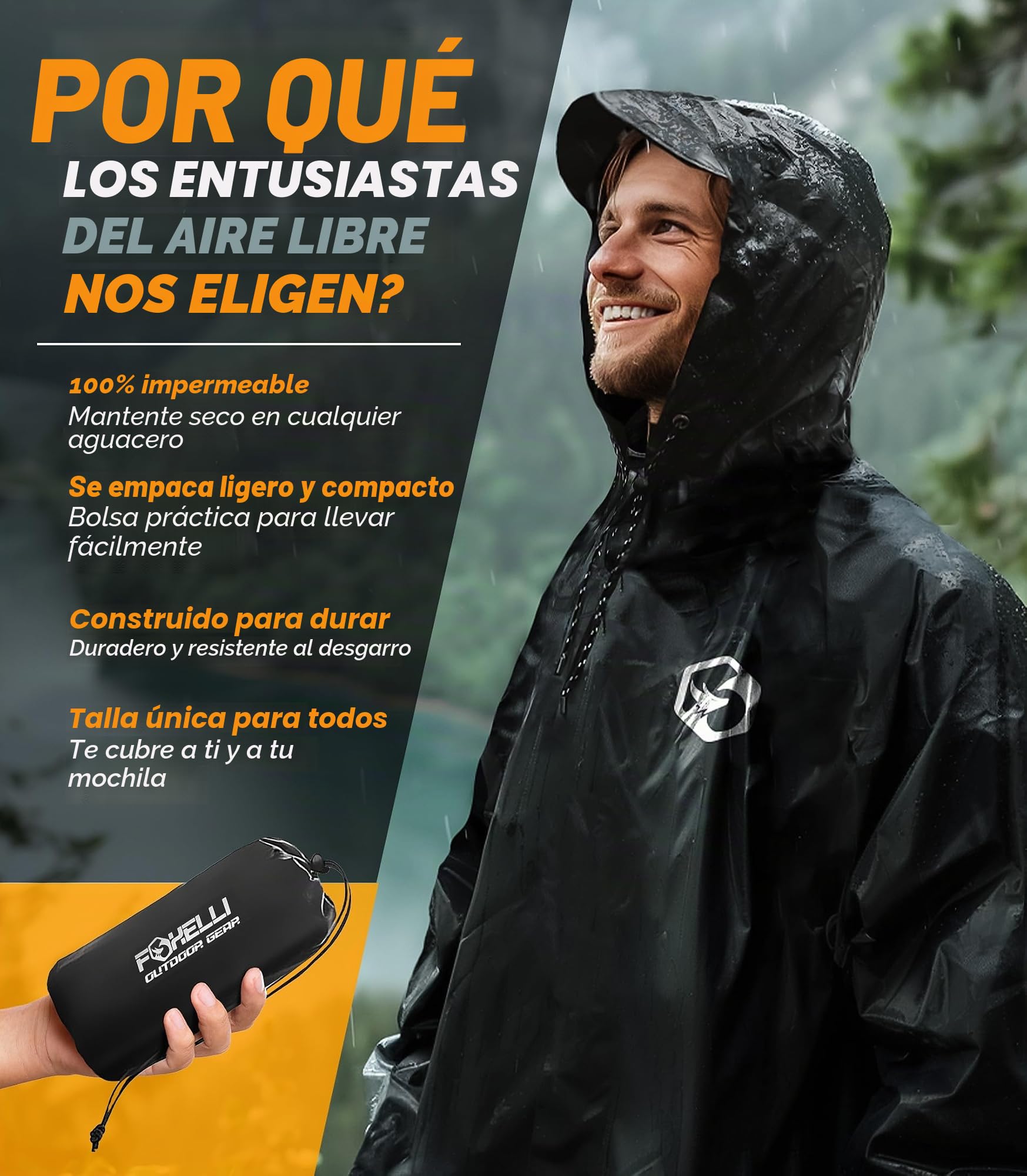 Foxelli Poncho de lluvia con capucha para adultos – Chubasquero impermeable, reutilizable, extra largo, para hombre y mujer, equipo ligero, negro, talla única, Negro , Talla única
