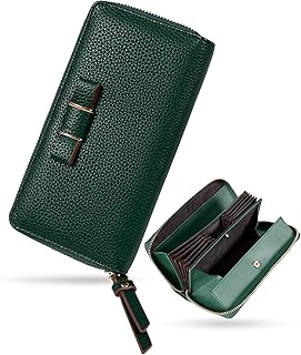 財布 レディース 長財布 本革 大容量 カード縦入れ 16枚 スキミング防止 BOX型小銭入れ お札を折らない リボン 可愛い 18cm プレゼント (グリーン)