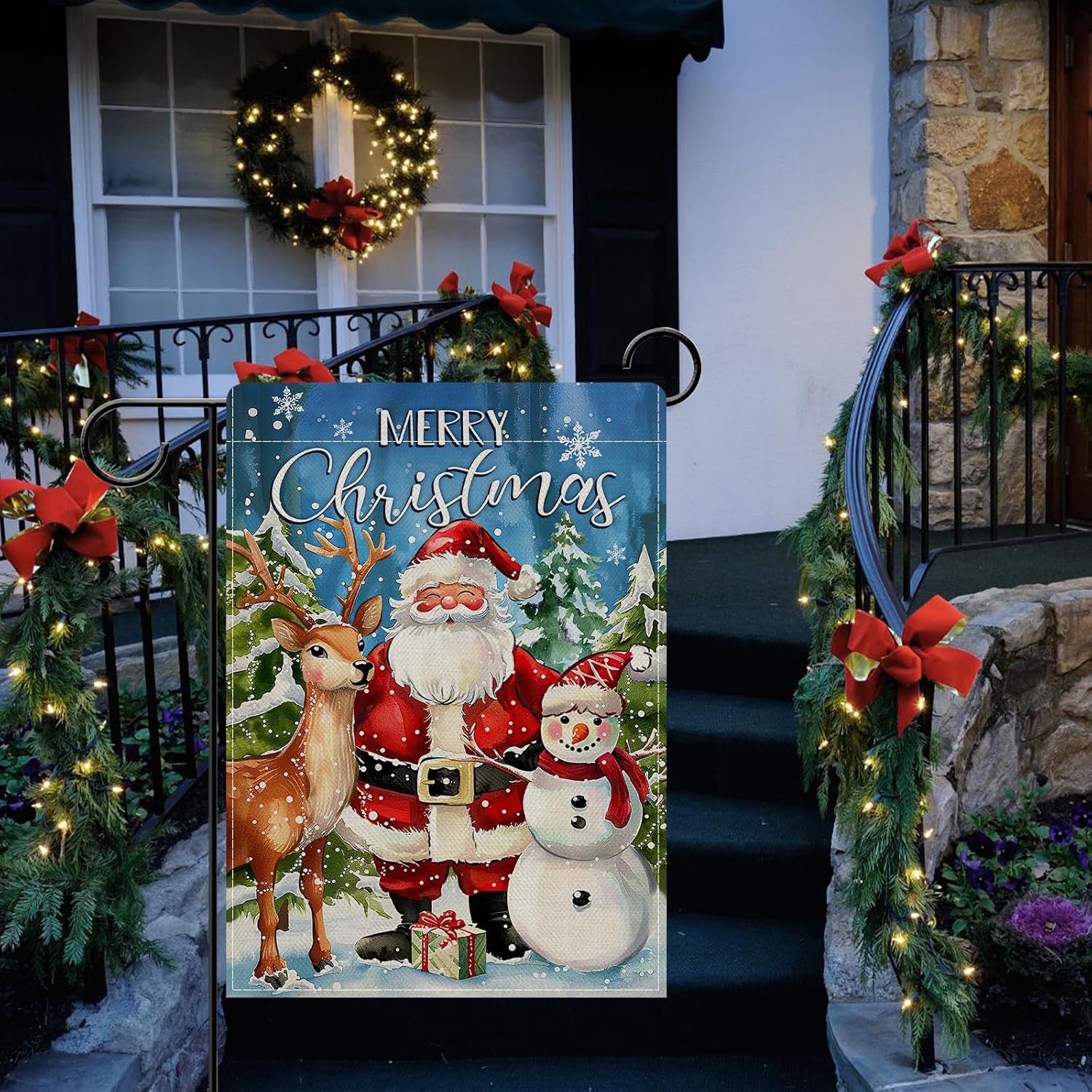 Dyrenson Merry Christmas Santa Claus Decorative Garden Flag, Xmas Reindeer Snowman Pine Tree Yard Outside Home Decoration, Winter Holiday Snowflake Burlap Outdoor Small Decor Double Sided 12 x 18 - Image 6