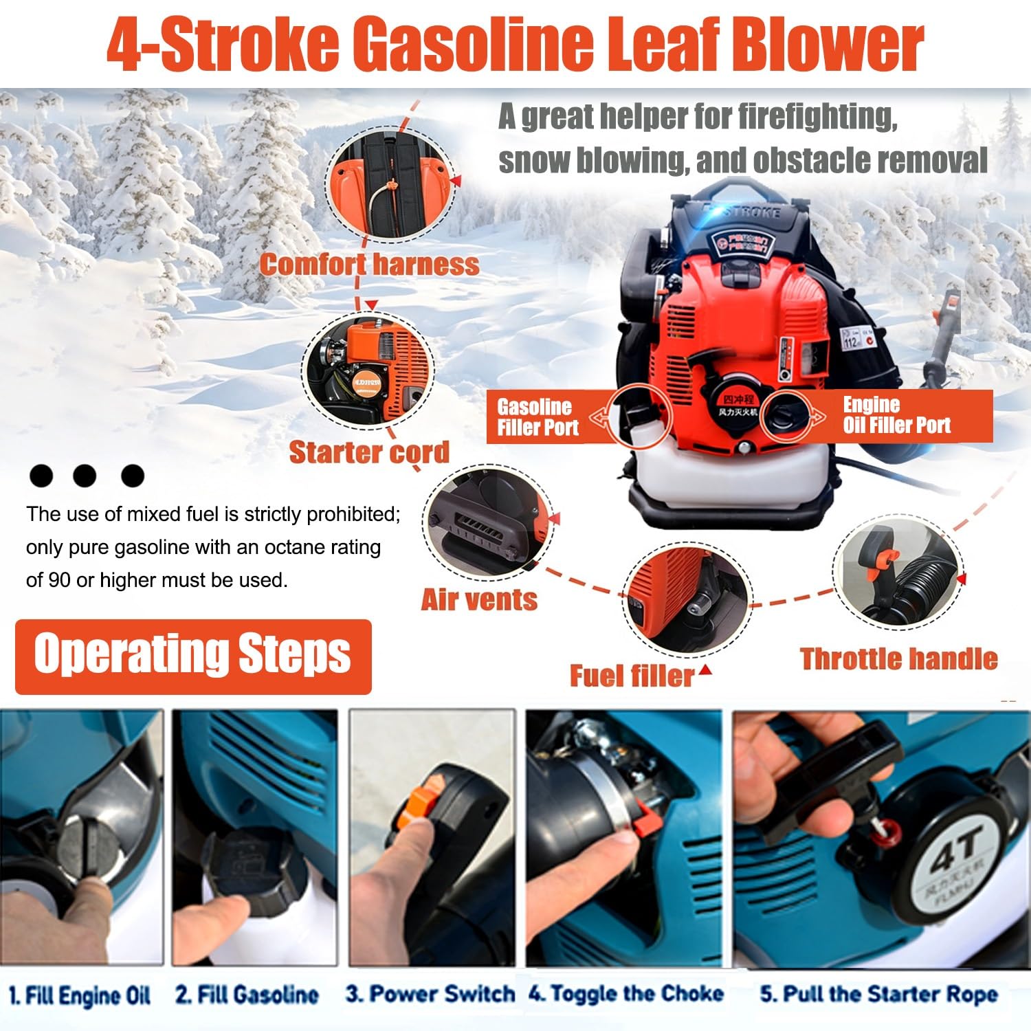 Soffiatore A Benzina 4 Tempi 1000cc A Zaino, Serbatoio Grande 2.0L, Silenzioso E Potente Soffiatore Foglie E Neve, Per Giardino, Viale, Pulizia Professionale Multi-Superficie(Blue)
