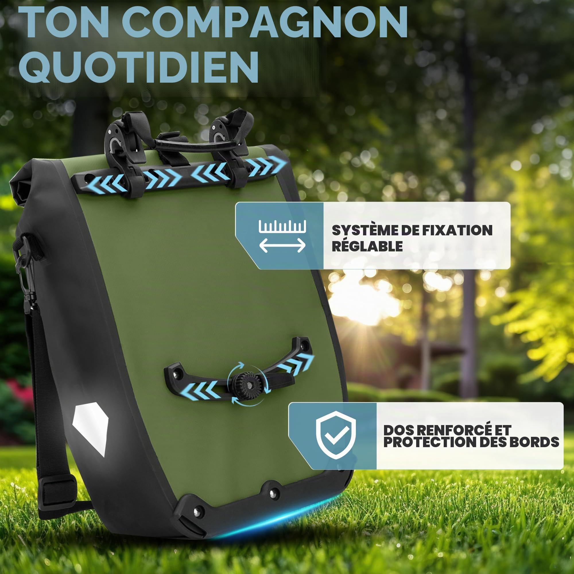 RADGEIST Lot de 2 sacoches de vélo pour porte-bagages, imperméables et à bandoulière, vertes, 20 l