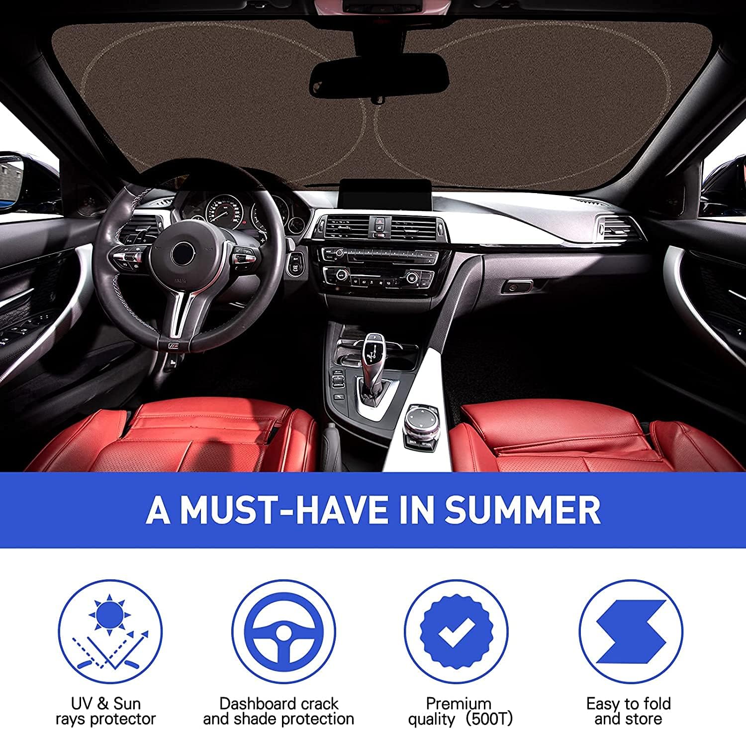 Car Sun Shade Windshield Front Window 500T, Windshield Cover Sun Shade Blocks Sun and Heat, Foldable Sun Visor for Car with a Free Pouch, Fit Most Cars, Van, SUV & Truck (59 x 31.5 inch)