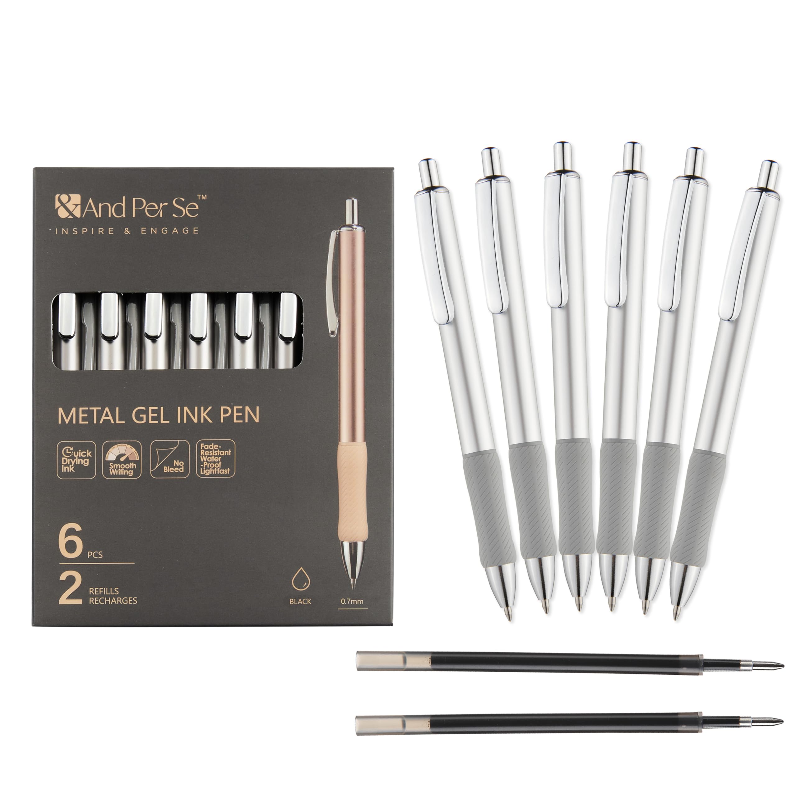 &And Per Se Metal Gel Pens, 6 Pcs 0.7mm Black Ink Pens, Medium Point Smooth Writing Pens, with 2 Extra Refills (Silver Metal Barrel)