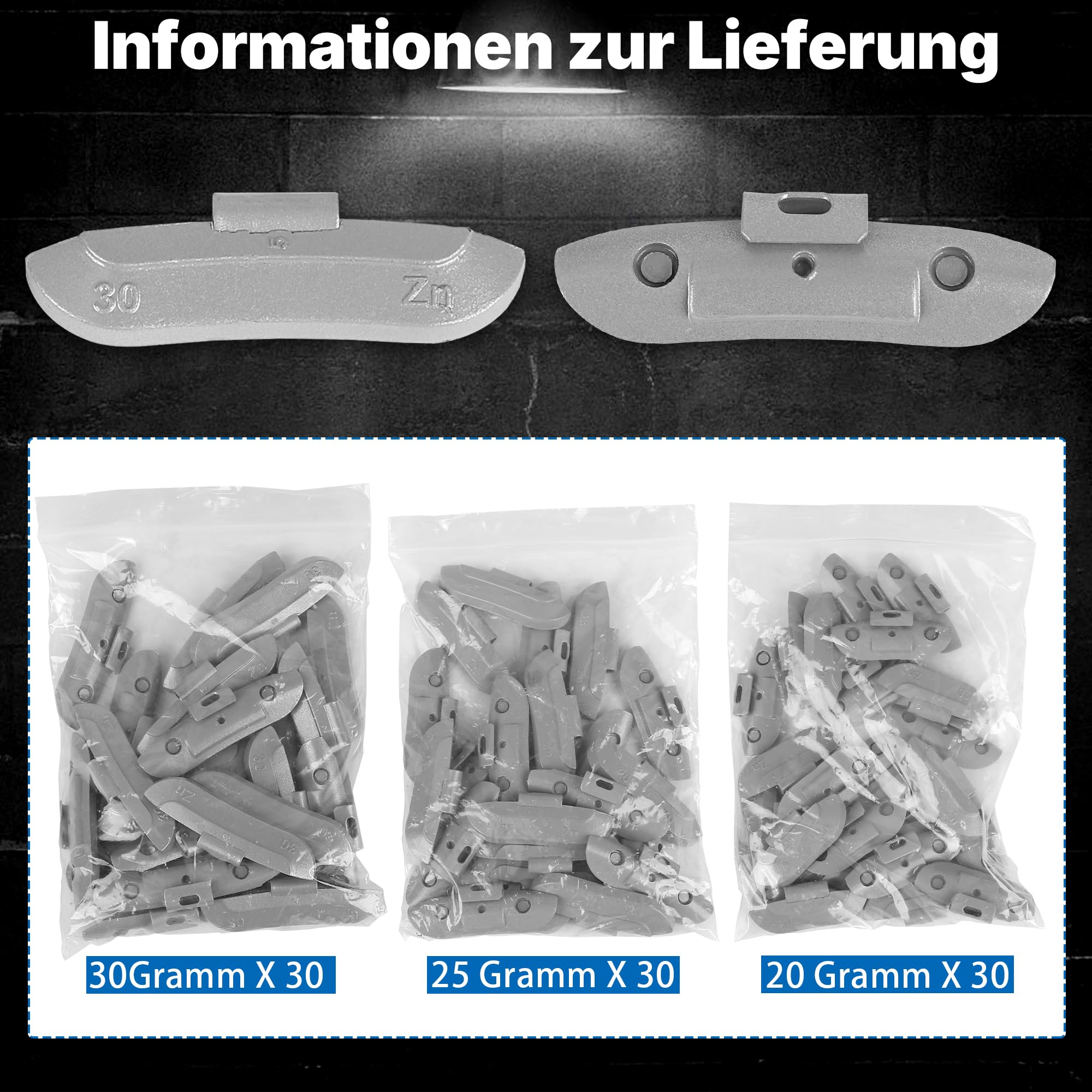 Generisch 90 Schlaggewichte für Stahlfelgen, Auswuchtgewichte aus Zink | 30 × 20 g, 30 × 25 g, 30 × 30 g, Wuchtgewichte mit Federstahlclip