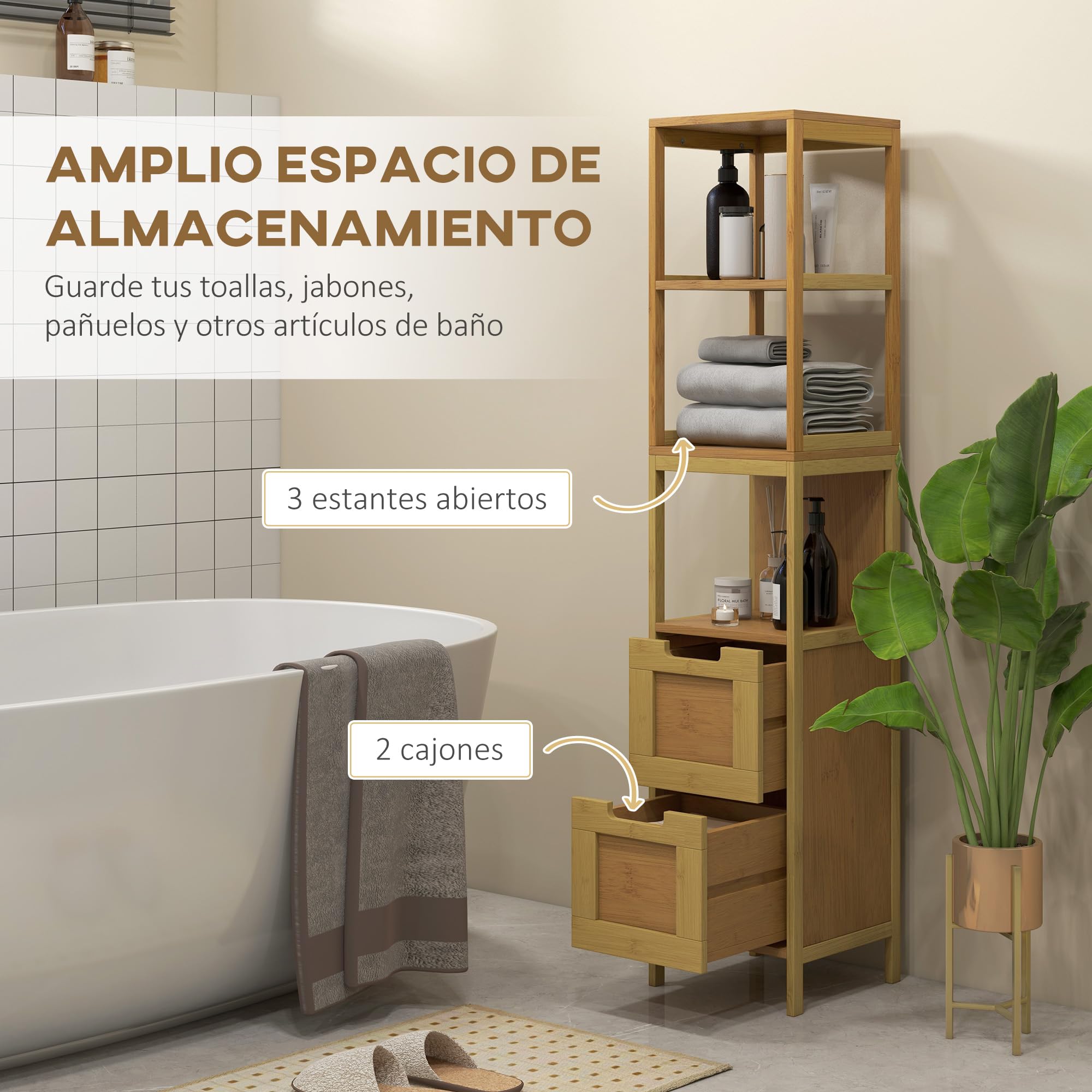 kleankin Armario de Baño Alto, Columna de Baño Estrecha con 3 Estantes y 2 Cajones de Bambú, Estilo Moderno, 30x30x144,3 cm, Natural