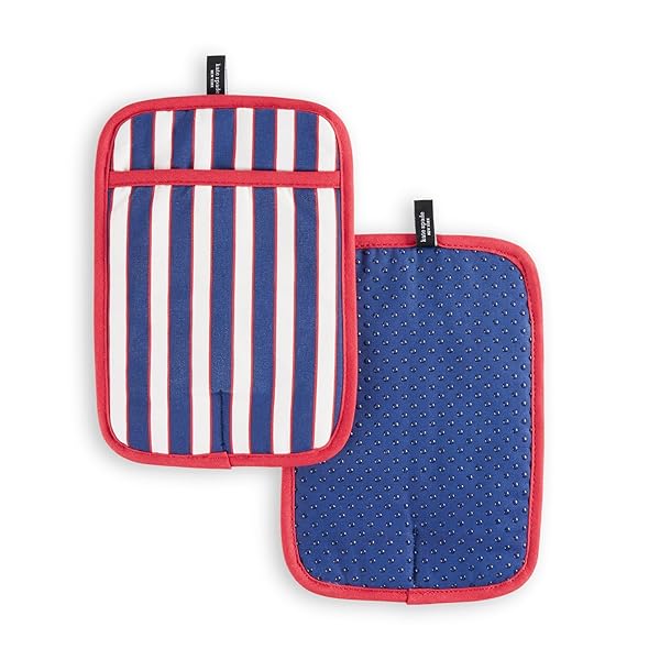 Kate Spade New York Botanical Stripe Pot Holder 2-Pack Set, 7" x 10", Navy Blue/Red