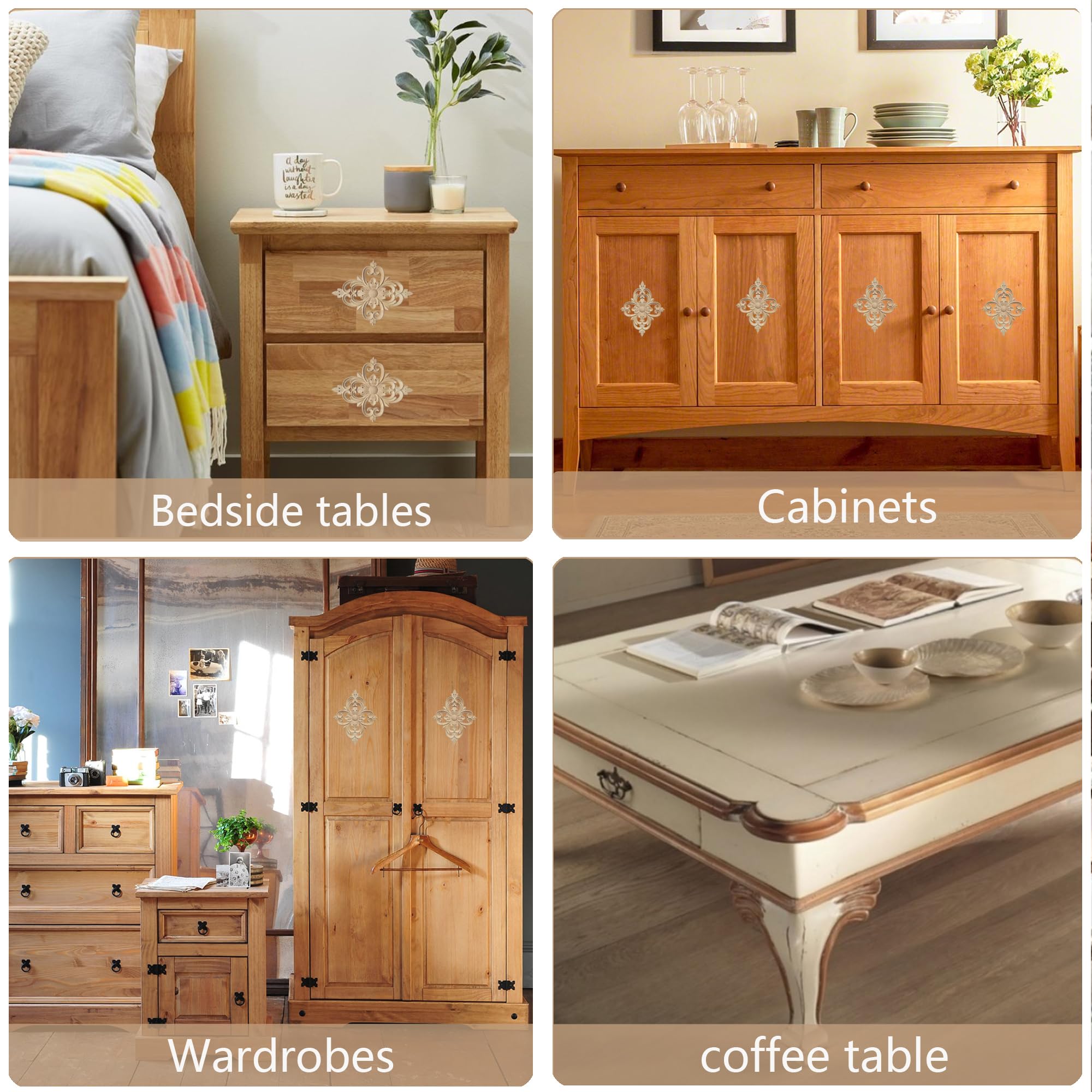 Decorazioni Applique Legno - 4 Pezzi Intagliati | Motivo Floreale | Per Mobili, Porte, Pareti - Foto 8