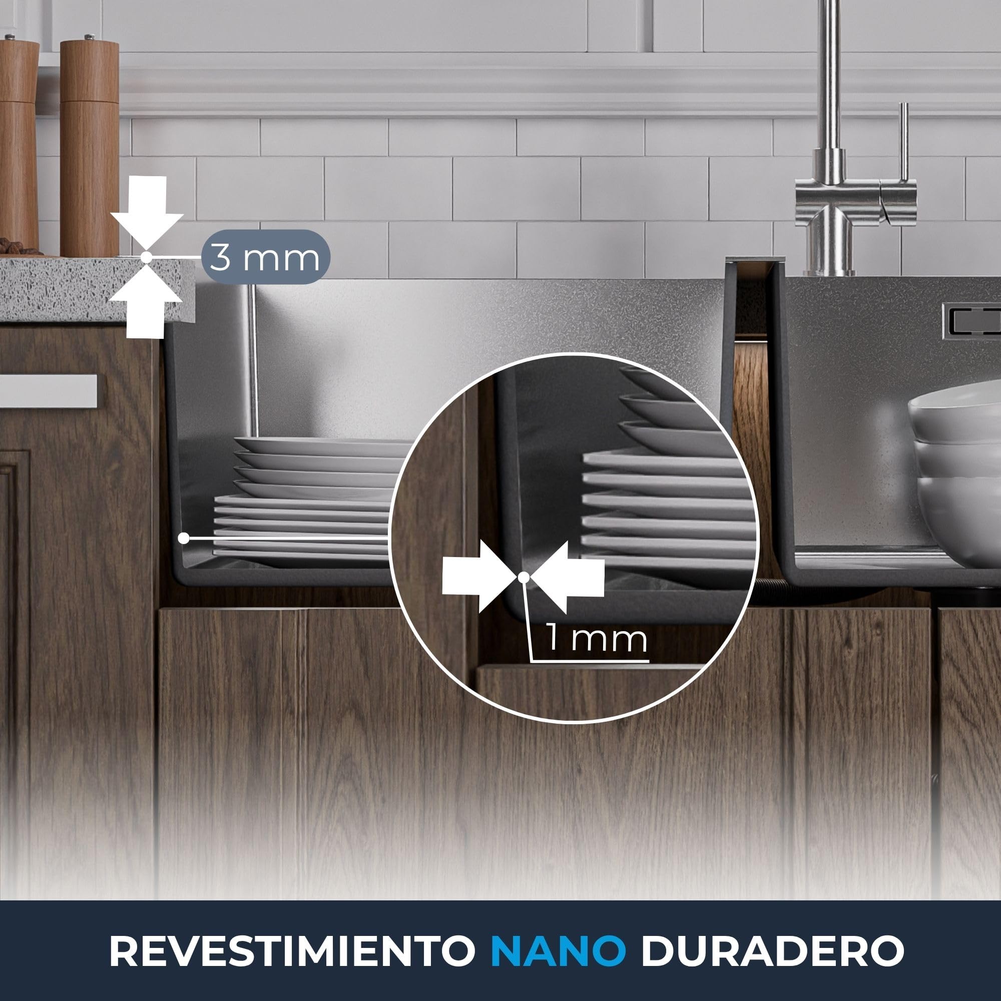 ANW HOME Fregadero Cocina Acero Inoxidable 2 Senos, Fregadero sobre Encimera 78x43 cm, Recubrimiento Nano, Grosor 3.0+1 mm, con Sifón, Dispensador y Cesta