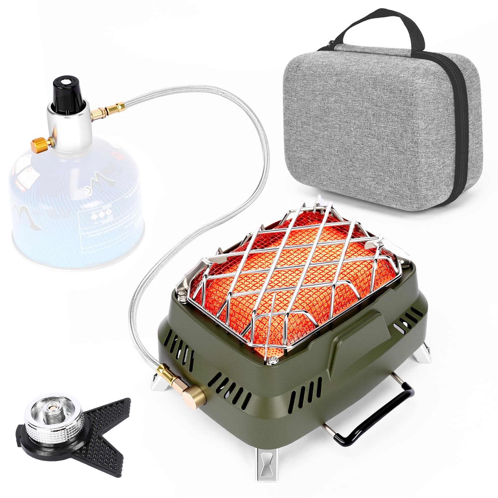 GFTIME Camping Heizung Gasheizstrahler 1100W, Tragbare Outdoor Gasheizung mit Aufbewahrungstasche, Mini Heizstrahler mit Edelstahl-Schutzgitter, manuelle Zündung, für Camping Angeln Garten Terrasse