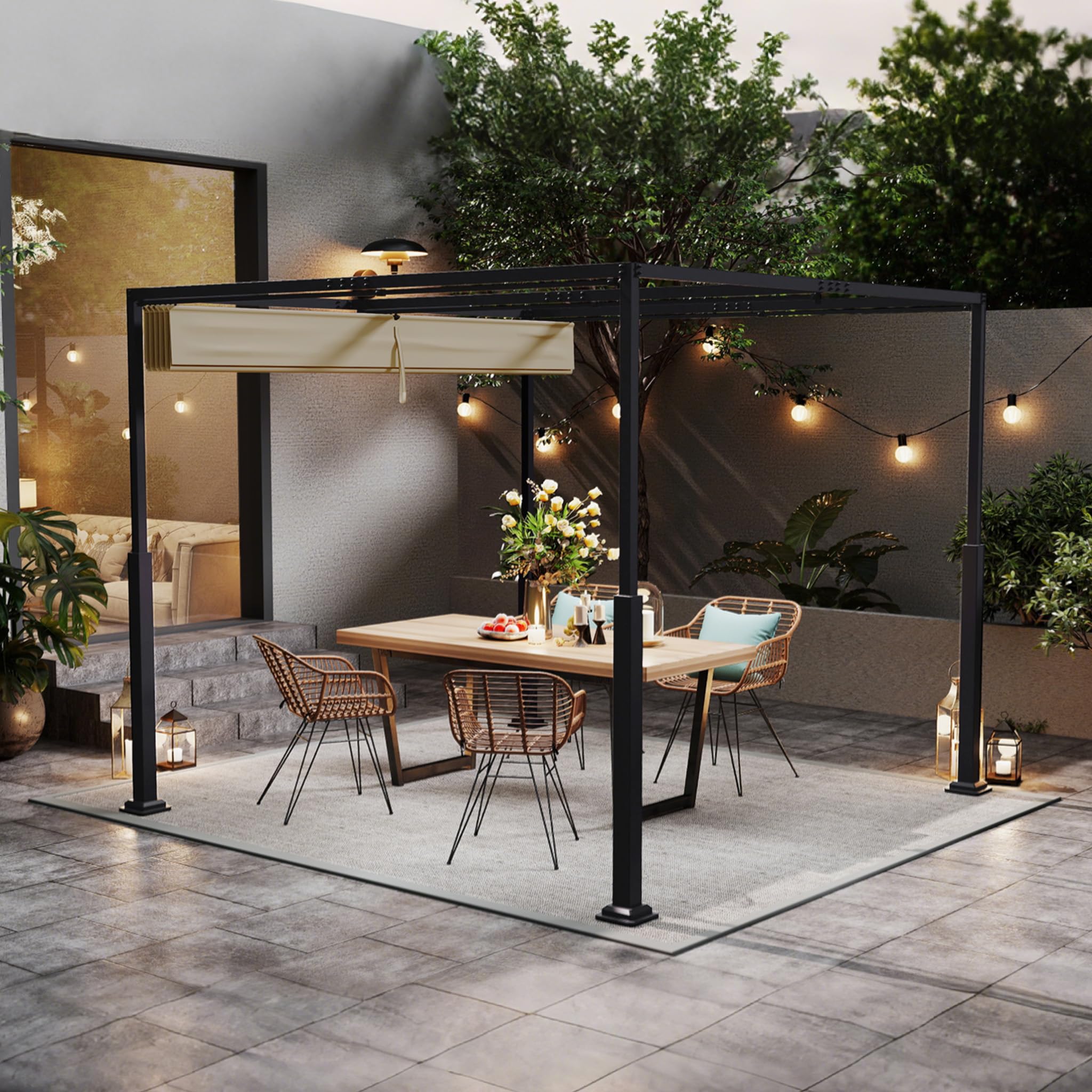 YRHome Pergola z przesuwnym dachem 3 x 3 m, pawilon ogrodowy ze stali i poliestru, wodoszczelny i odporny na warunki zimowe, wolnostojący dach tarasowy z wytrzymałymi metalowymi kolumnami, ochrona