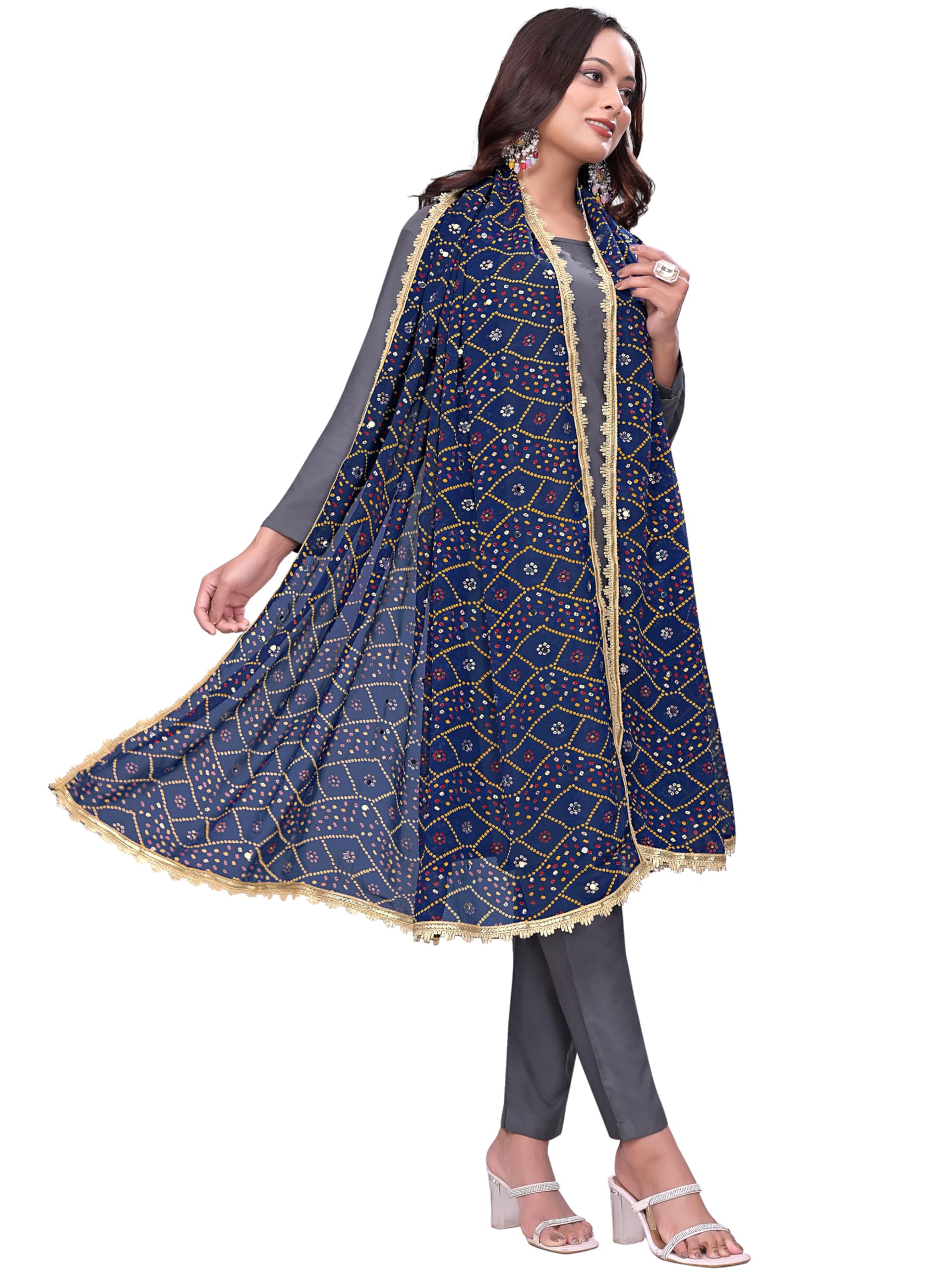 Vintage Georgette Mirror Work Dupatta with Lace Border | Bandhani Leheriya Printed Dupatta for Women-image-14