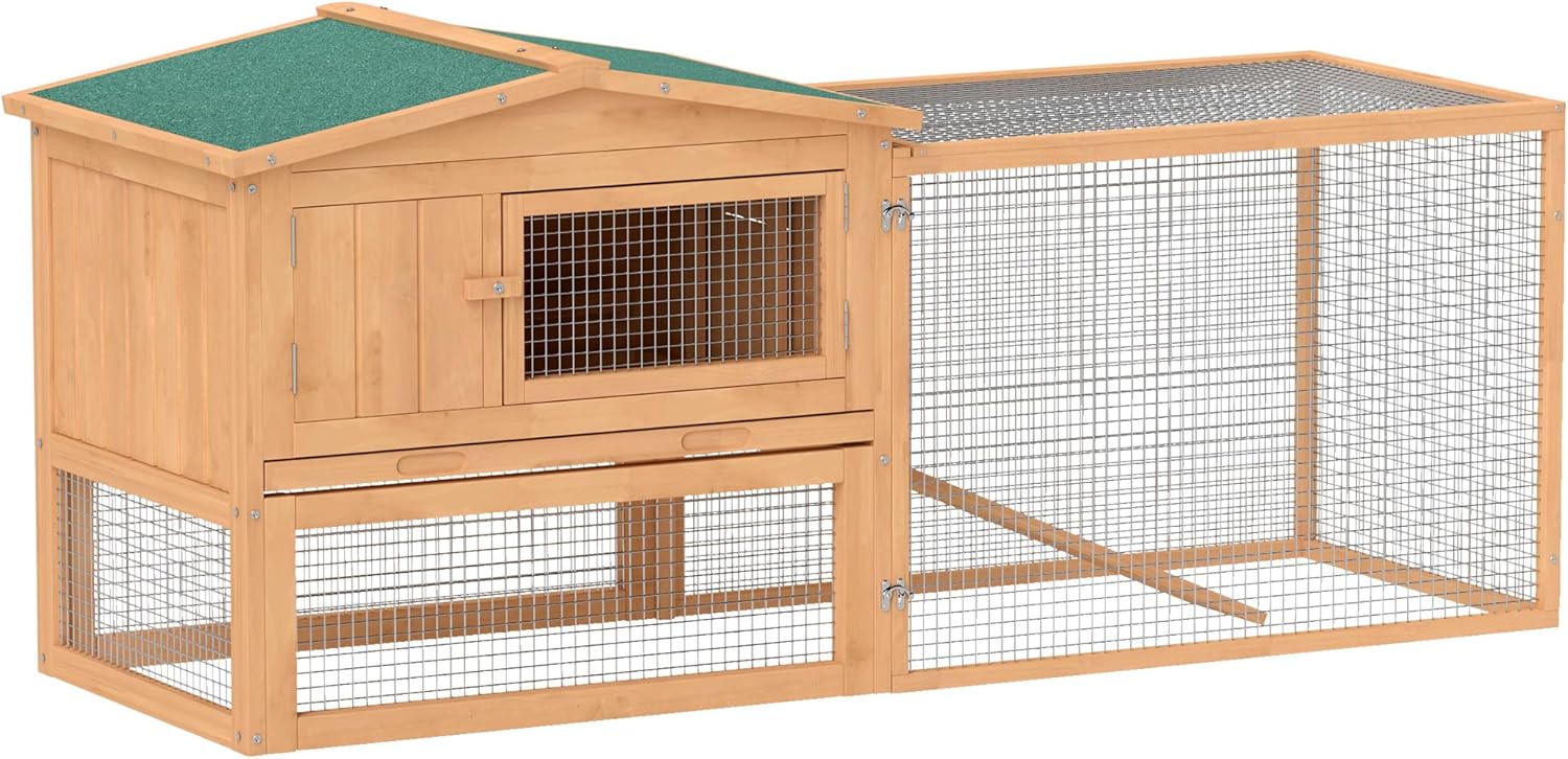 Natural Wood and Wire Outdoor Rabbit Hutch with Run