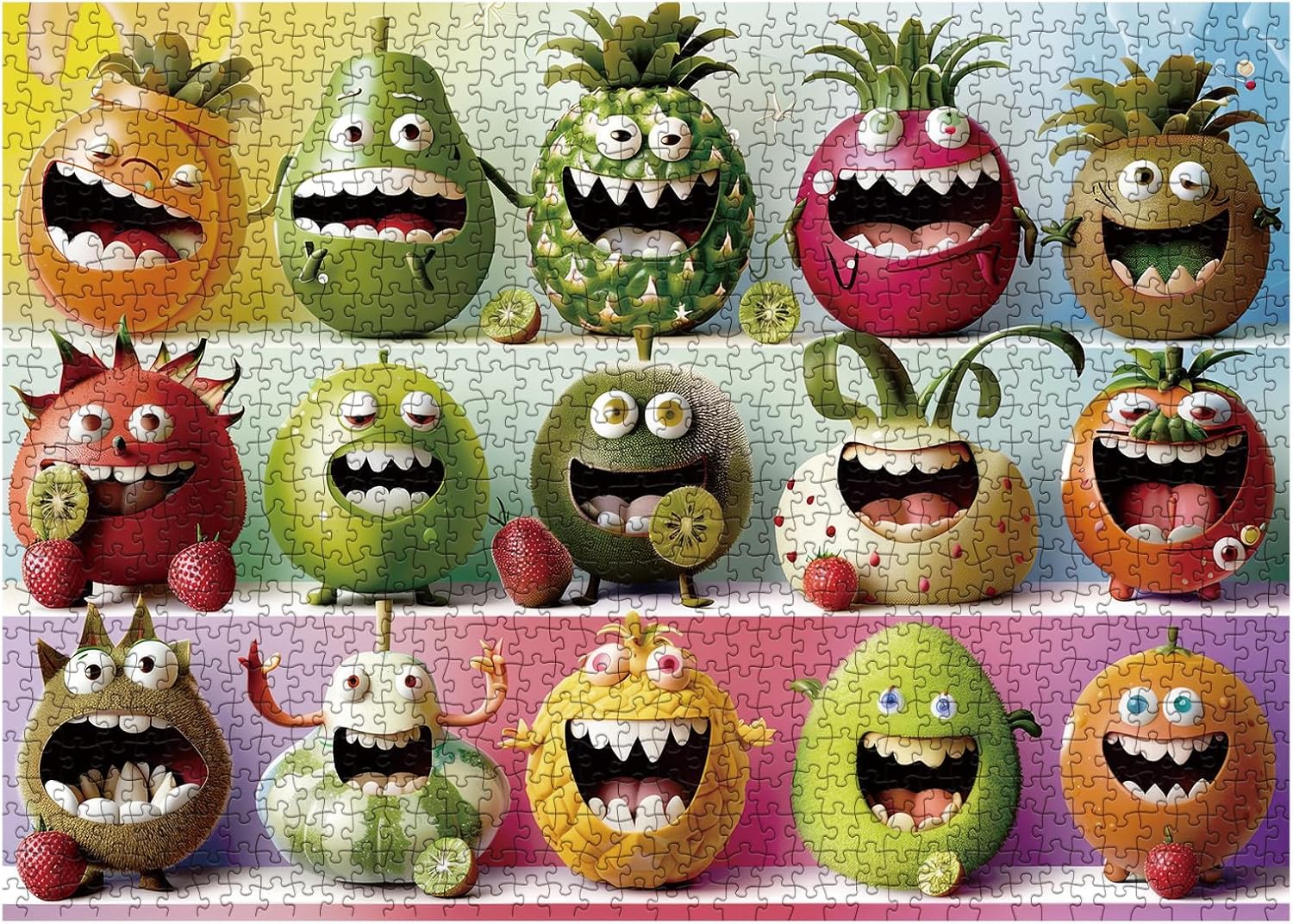 Funny Fruit Puzzle 1000 Pieces for Adult, Colorful Monster Fruit Jigsaw Puzzles, Weird Fun Collage Puzzles for Adults and Family