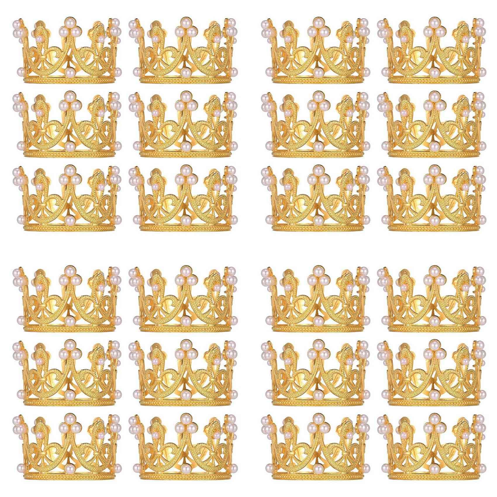 Vjsujehgy 24Pcs Gold Mini Crown Cake Topper Small Crystal Pearl Cupcake Toppers Small Cupcakes Crown for Wedding Birthday