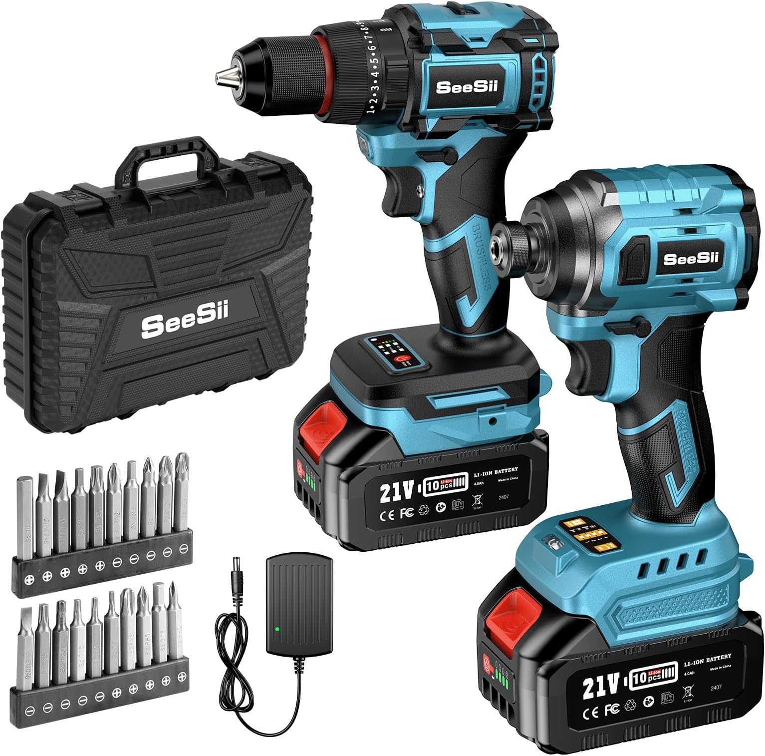 21V Max Cordless Drill and Impact Driver, Power Tool Combo Kit Included 3/8'' Drill & 1/4'' Impact Driver, 2x 4000mAh Battery, Fast Charger, 20 pcs Driver Bit Set & Bag