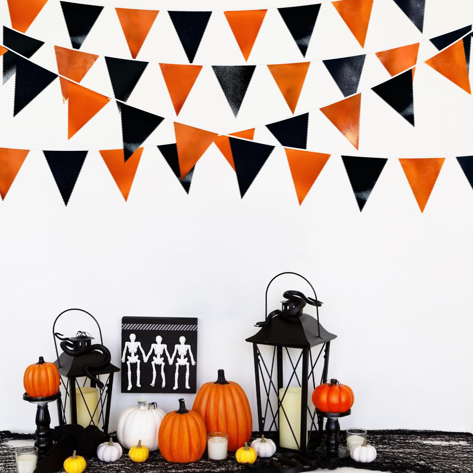 32Ft Noire et Orange Tissu Métallique Fanion Bannière Drapeau Guirlande Banderoles Décoration de fête pour Remise de Diplôme Halloween Automne Thanksgiving Anniversaire Bapteme Mariage Extérieur Decor