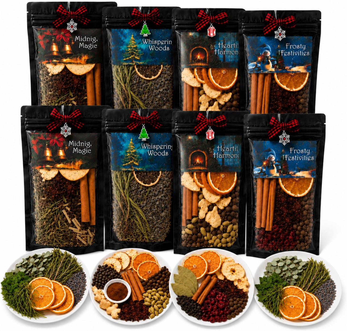 4 Pack Christmas Potpourri Simmer Kit with Buffalo Plaid Bow, Charm