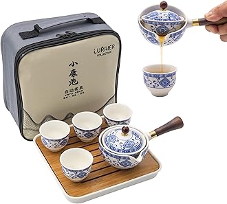 Sponsored Ad - LURRIER Porcelain Chinese Gongfu Tea Set,Portable Teapot Set with 360 Rotation Tea maker and Infuser,Portable All in One Gift Bag for Travel,Home,Gifting,Outdoor and Office (Floral White)
