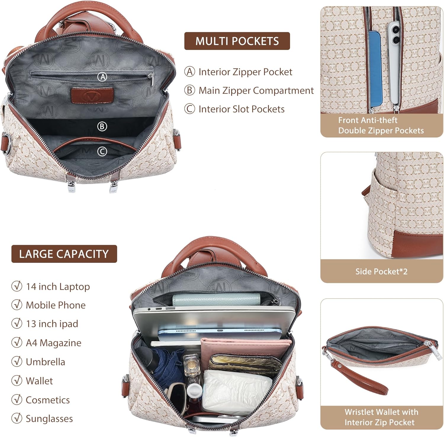 Backpack Purse for Women Vegan Leather Travel Backpack with Wristlet, Designer Convertible Shoulder Bag Satchel Handbag, Lightweight Fashion Backpack with Wide Strap, Beige/Brown - Image 5