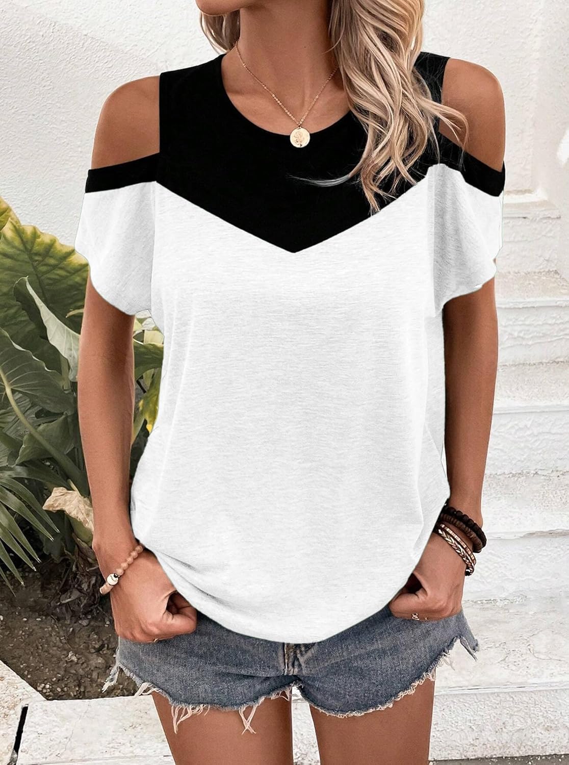 Hilinker Women's Cut Out Cold Shoulder Tops Summer Color Block Short Sleeve Sexy Shirts - Image 4