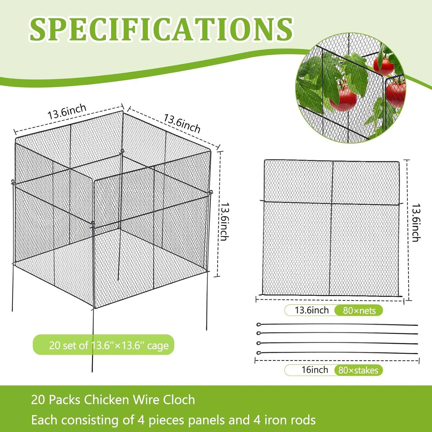 20 Packs Wire Plant Protector from Animals Heavy Duty Metal Mesh Plant Cage Large Wire Plant Cage for Plants 13.6 x 13.6 Inch Chicken Wire Cloche Bunny Barricades for Vegetables Garden(Black)