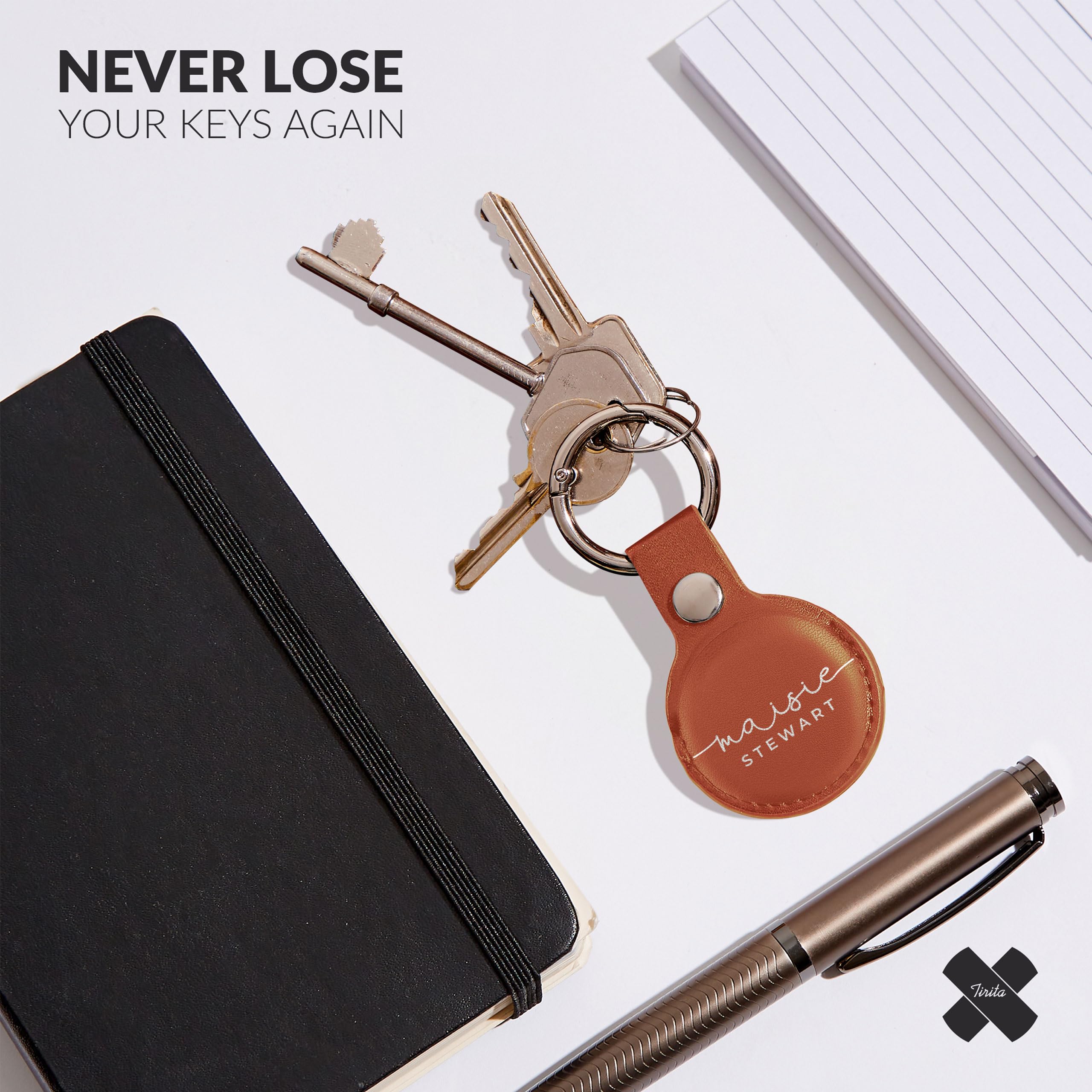 Tirita Personalised Case Keyring Holder Compatible with Apple AirTag 1 & 2 - Leather Case with Key Ring for Apple Air Tag [05- Name Handwritten on Brown] — view 2