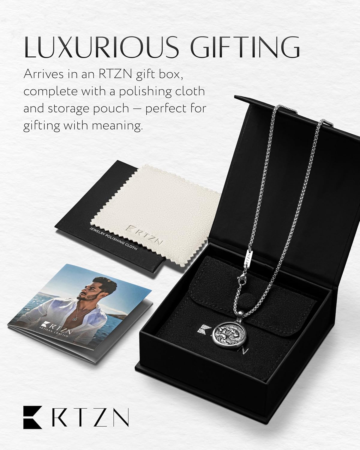 RTZN® Pendant Necklace for Men – Premium Stainless Steel Silver Pendant Necklace with 22" Chain + 2" Extension – Waterproof & Non-Tarnish Small Pendants for Men – Bold Symbols of Strength & Legacy - Image 6