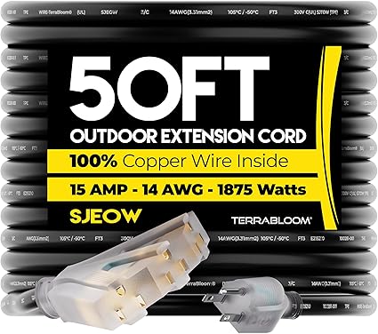 TerraBloom Outdoor Rated Extension Cord. UL Listed, Heavy Duty Grounded Plug, 14 Gauge, 120V Power Cord with 3 Outlets. Extension Wire with Power Strip for Outdoors (50 Ft Long with 3 Outlets)