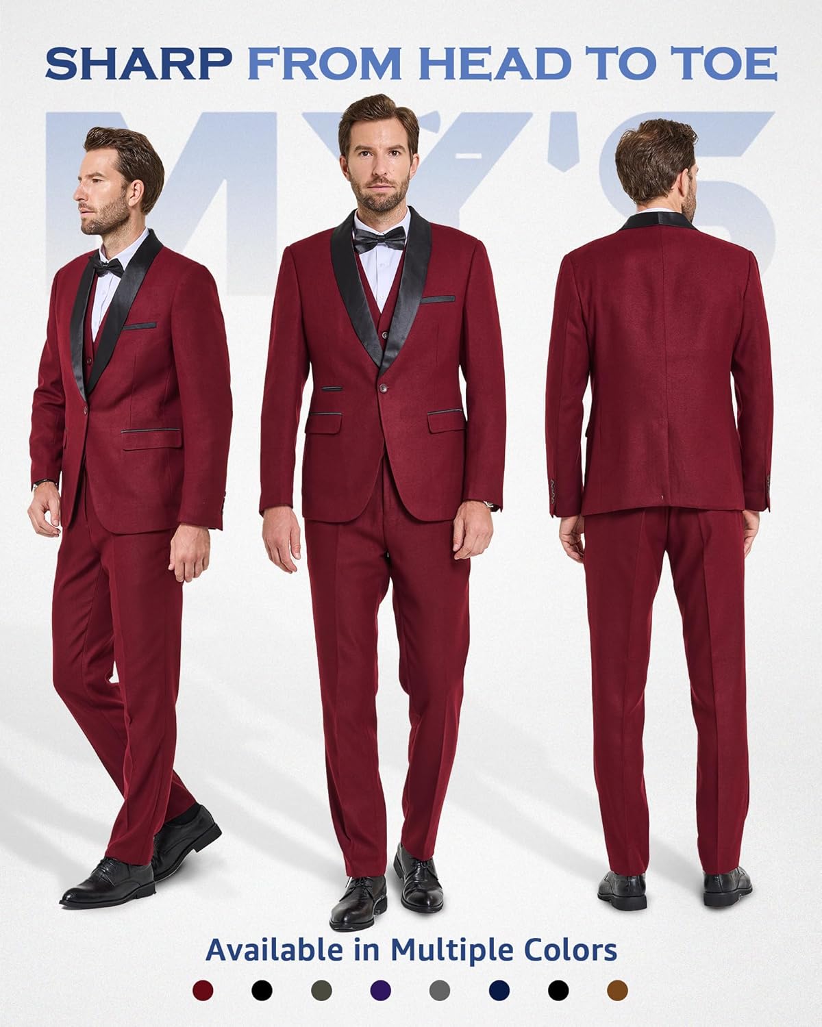 MY'S Mens 3 Piece Suit Set, One Button Shawl Lapel Tuxedo, Slim Fit Dinner Jacket Vest Pants & Tie, for Party Wedding Proms - Image 2