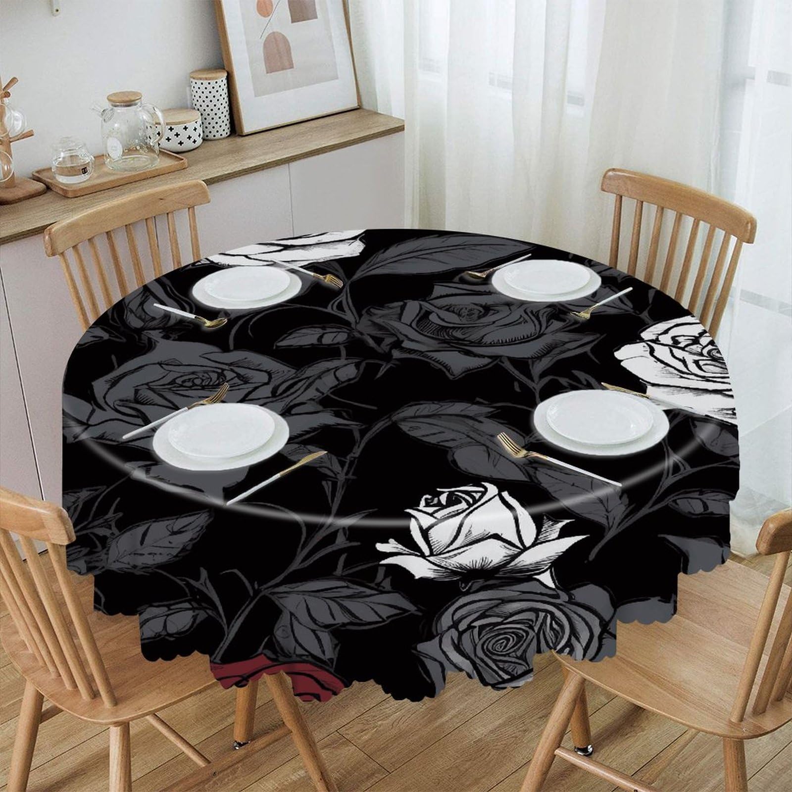 FekiLoot Rose Gothic Round Tablecloths 60 Inch Resistant Washable Polyester Table Cloth Style Decorative Circle Fabric Table Cover for Dining Kitchen Party Farmhouse Outdoor