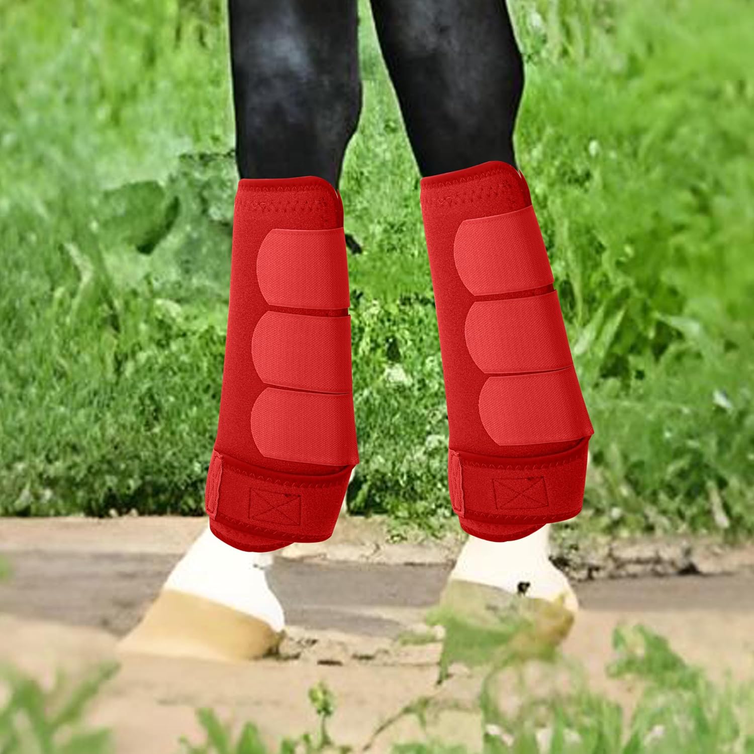 Medicine Horse Boots Splint Boots for Horses Protective Lower Limb Brushing Boots Front Hind Leg Protection Gear Set of 4 (Red, Large)