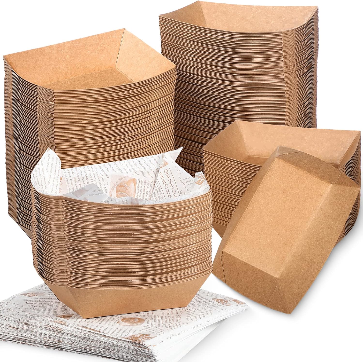 1000 Pcs Disposable Paper Food Tray and Grease Proof Deli Liner, 2 lb Coated Paperboard Food Boats Wax Paper Holds Nacho Taco Hot Dog for Picnics Carnivals Birthday (Brown,Newspaper)