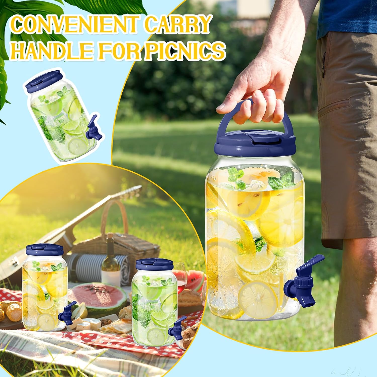 Condition photo showing New/Like New for havawish 2 pcs 1 gallon plastic beverage dispenser with spigot clear summer kitchen fridge drink dispenser for parties lemonade juice tea beer cold water(blue,cylinder) blue cylinder