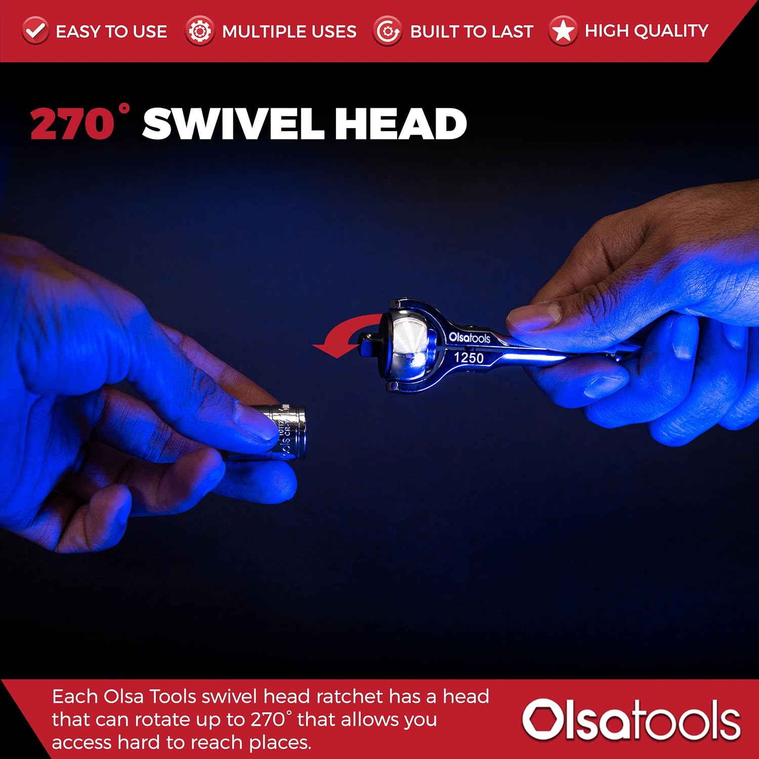 Olsa Tools Swivel Head Ratchet 1/4-Inch Drive - 90 Tooth Round Head - Swivel Ratchet Wrench for Professional Mechanics - Premium Roto Swivel Socket Wrench - Swiveling Ratchet - Part: 1250