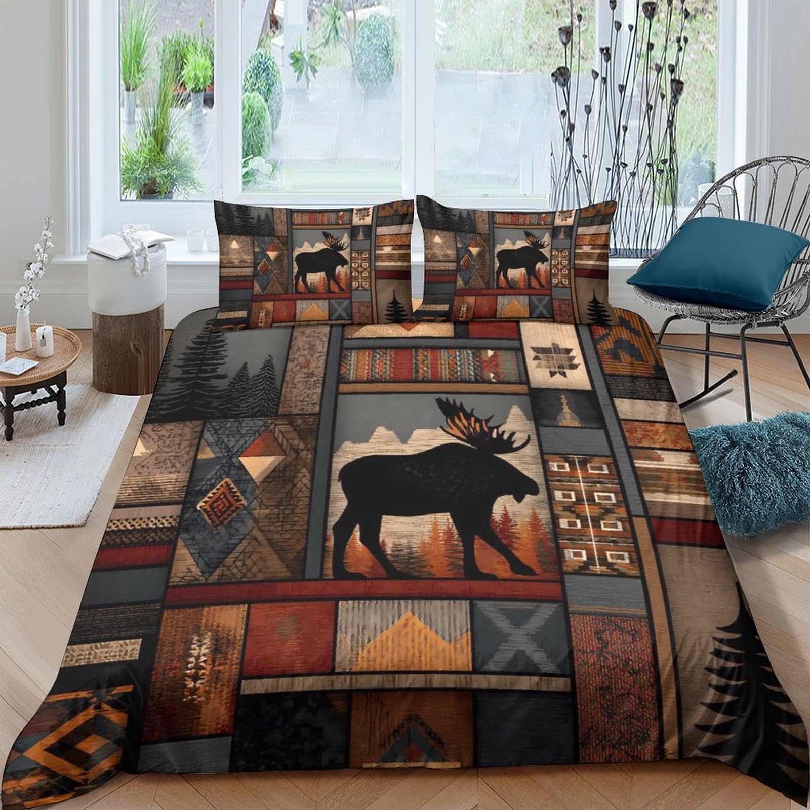 Ctjqhvkz Style-9 3D Printed Moose Forest Fitted Sheet Microfiber Anti-Slip Lodge Patchwork Bed Cover For Bedroom Guest Room Decor Single（135X200cm）