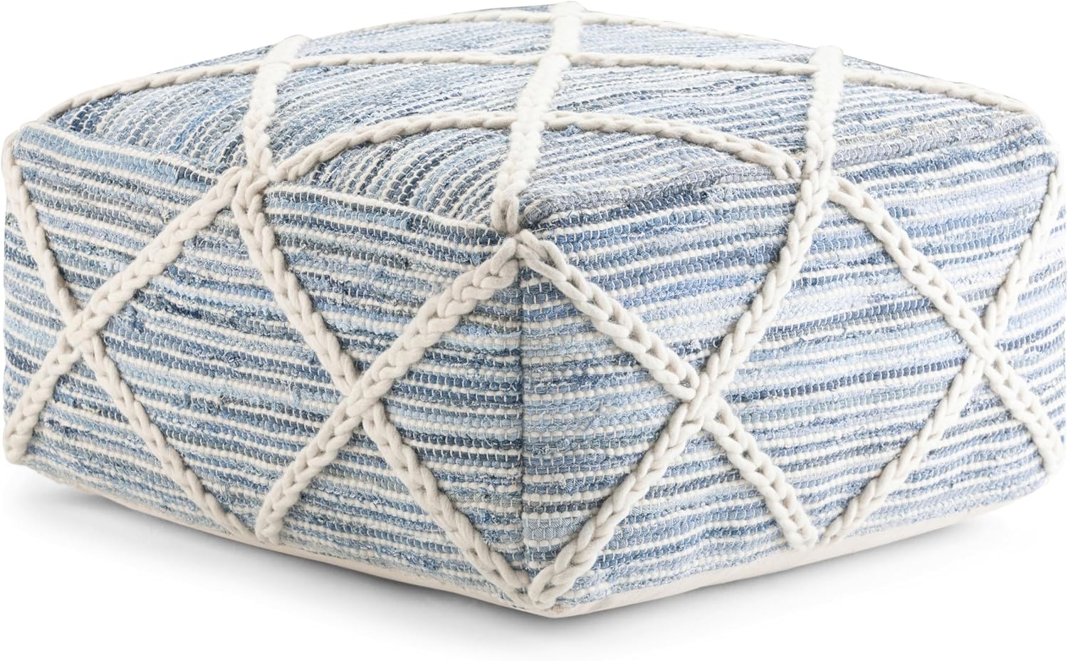 Square Pouf - Blue/Natural - Handcrafted Wool & Cotton Ottoman - Living Room, Bedroom Footrest - 20"x20"x10" Comfortable Seating