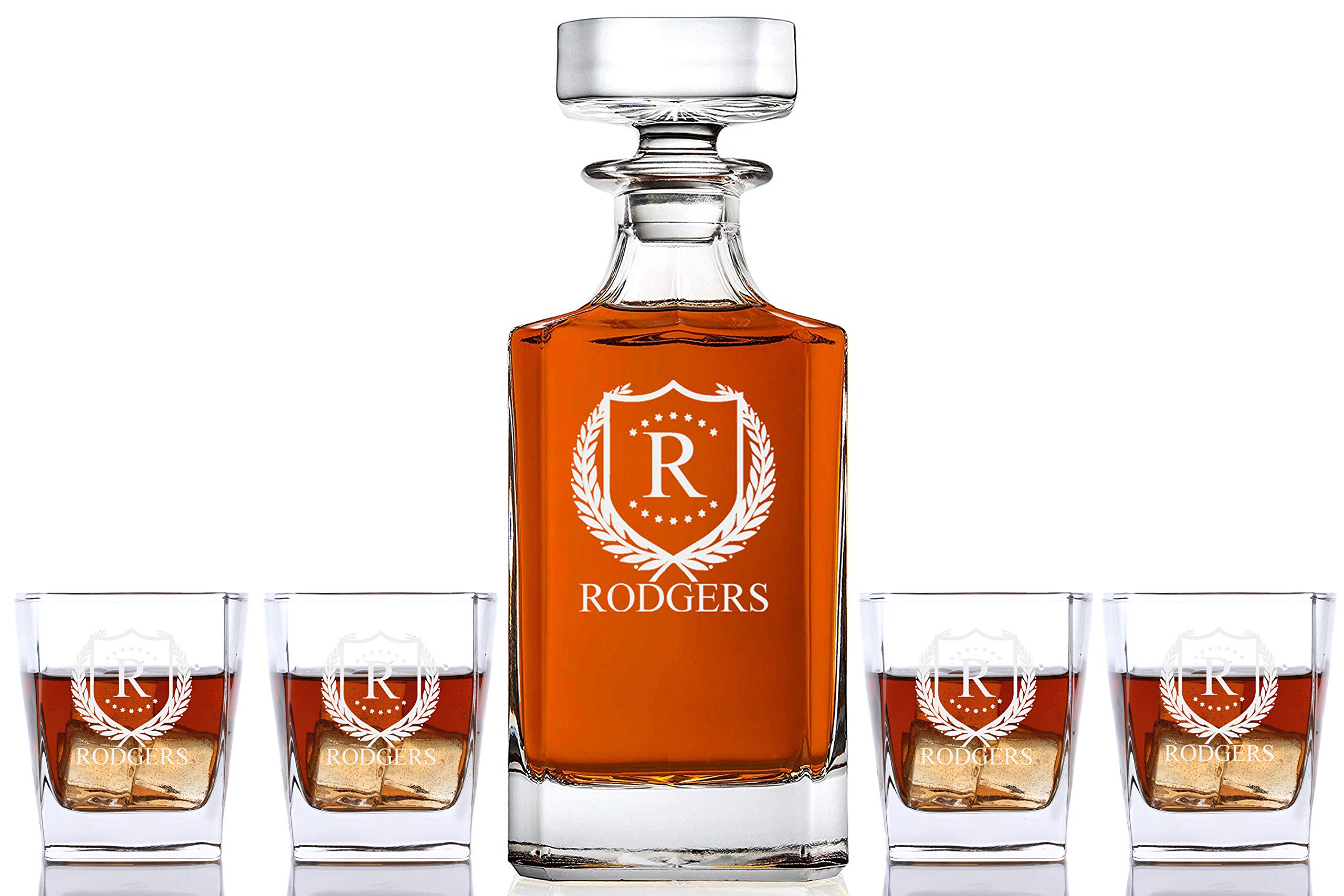 Personalized 5 pc Whiskey Decanter Set - Decanter and 4 Glasses Gift Set - Custom Engraved | ShieldStar Design