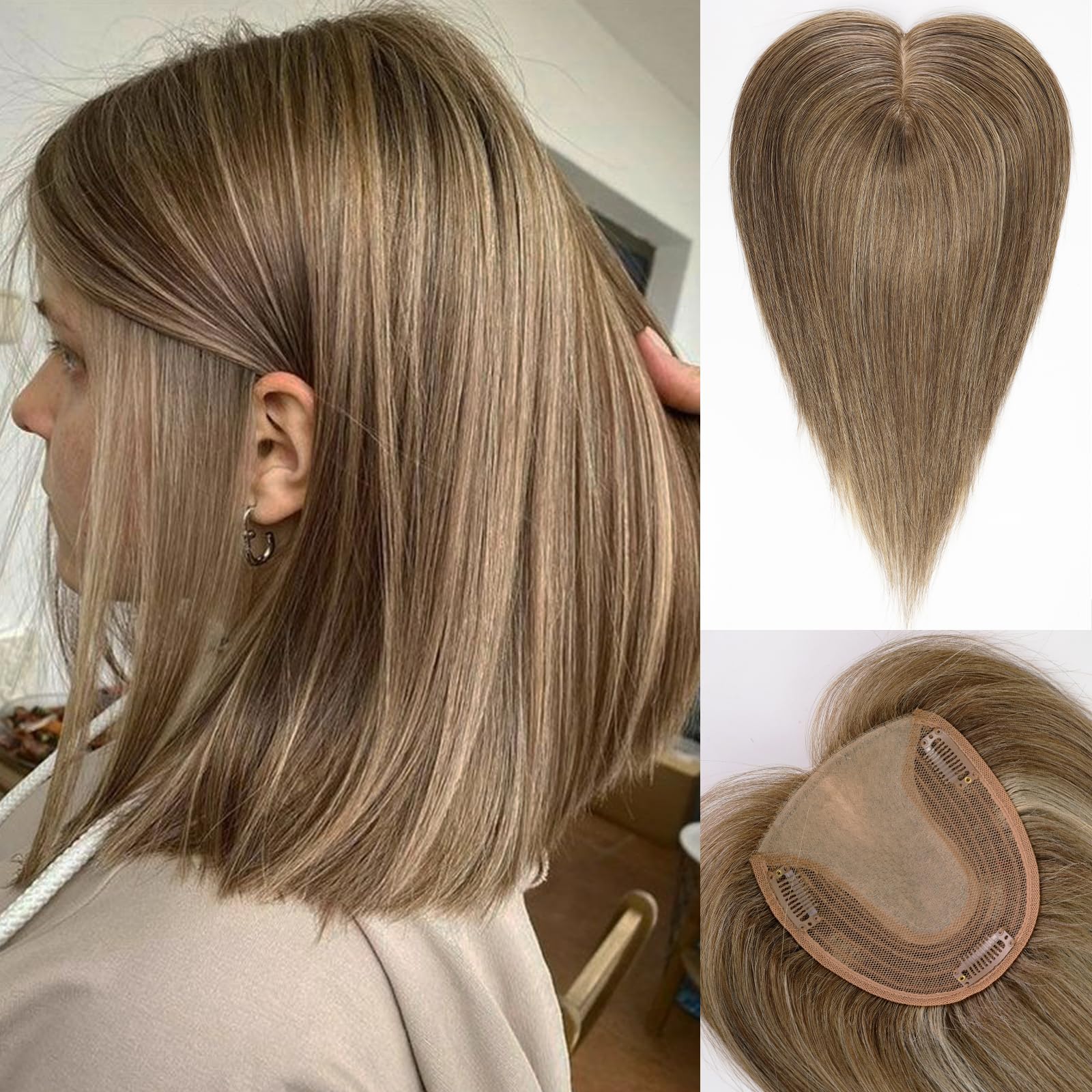 HAIRCUBE Hair Toppers for Women Real Human Hair No Bangs 5 * 5.5 inch Base 14 inch Light Brown Human HairTopper for Women with ThinningHair Cover Gray Roots