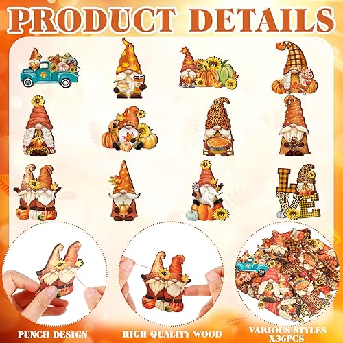 Miniatura 9 de 36 adornos de otoño de Acción de Gracias para árbol, gnomos, adornos colgantes de madera, calabazas, hojas, flores, recortes de mezcla de recortes,