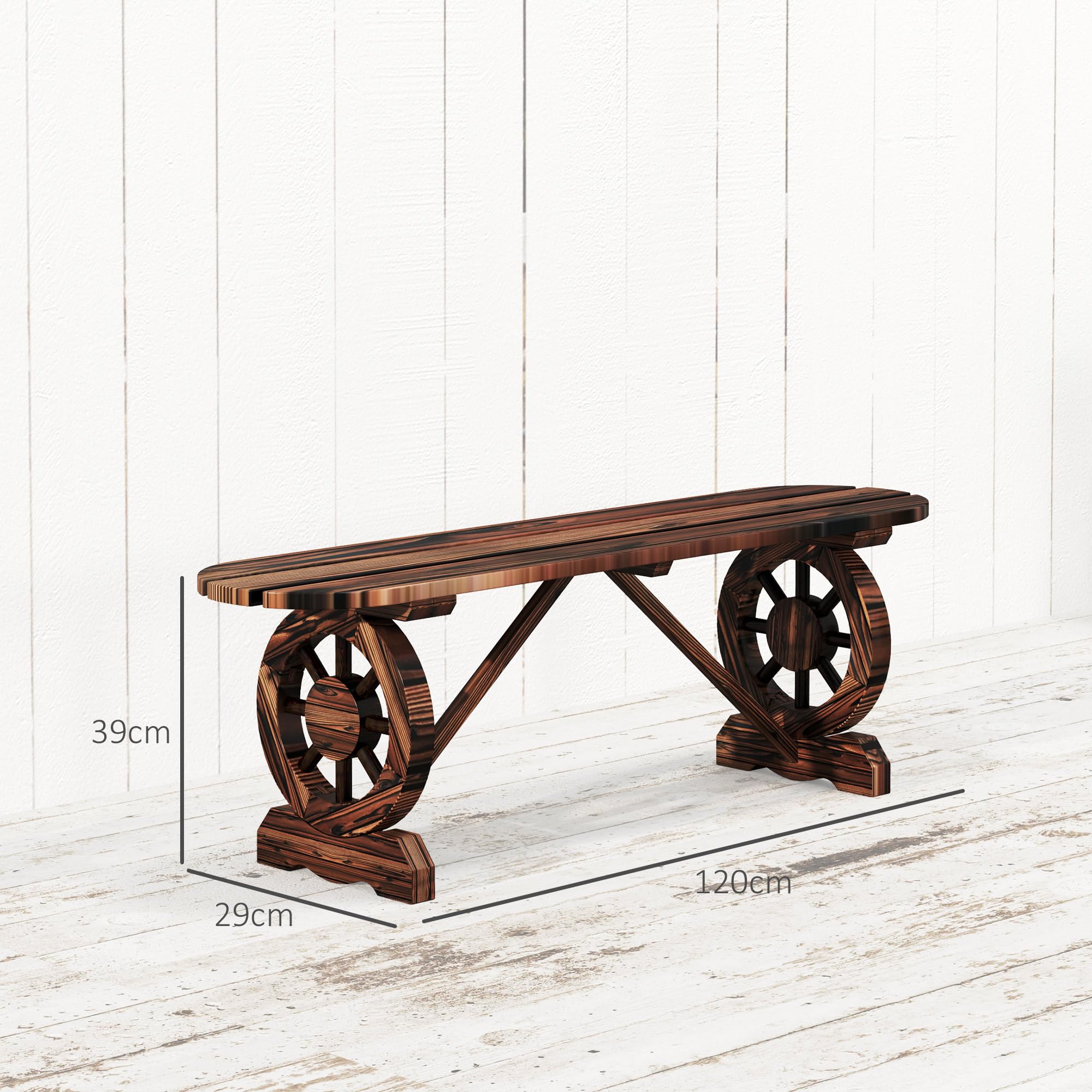 Outsunny Panca da Giardino con Gambe a Ruota di Carro, Panchina da Esterno 2 Posti Stile Rustico con Seduta a Doghe, 120x29x39cm, Marrone
