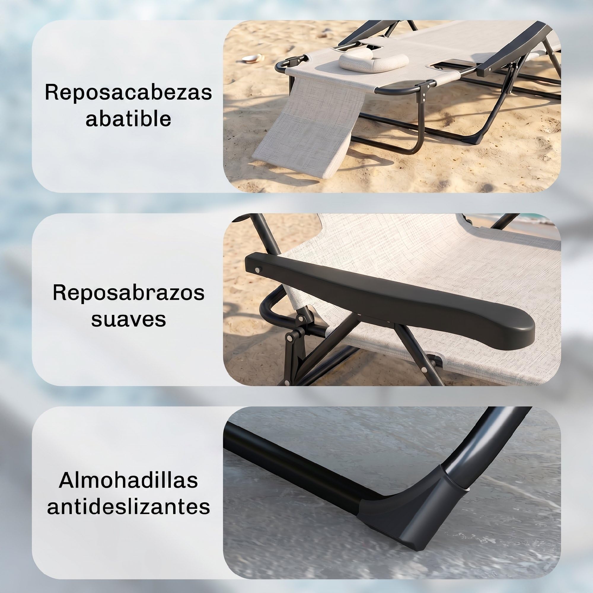 Outsunny Tumbona Plegable, Tumbona Jardín Exterior con Respaldo Ajustable en 4 Posiciones, Orificio de Lectura, Reposacabezas y Brazos, Carga 120 kg, para Terraza, Piscina, 145x72x89 cm, Crema