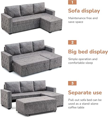 Miniatura 7 de SIYAHOME Cama de almacenamiento en forma de L, sofá modular extraíble con tapizado con ribete de cabeza de clavo, sofá de 3 plazas para sala de
