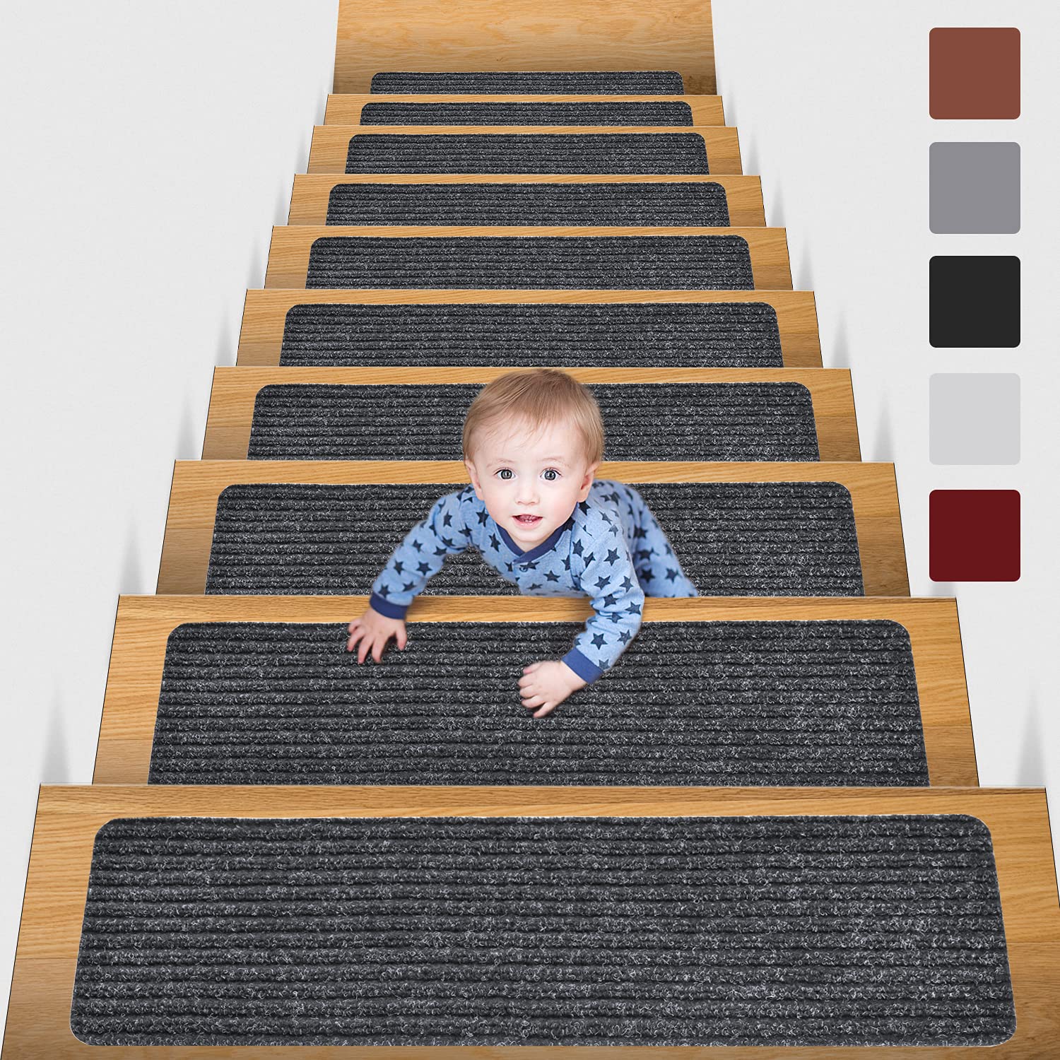 MBIGM 8" X 30" (15 in Pack) Non-Slip Carpet Stair Treads Non-Skid Safety Rug Slip Resistant Indoor Runner for Kids Elders and Pets with Reusable Adhesive, Dark Grey