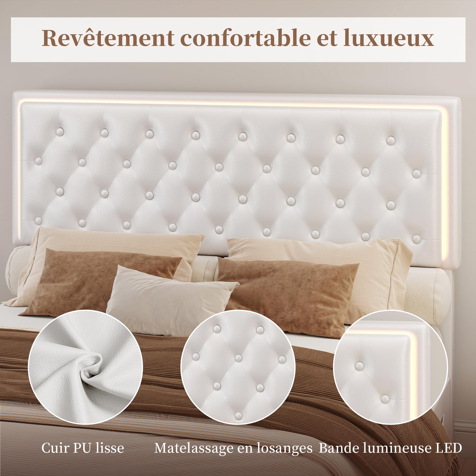 SIBEDS Polsterbett 140x200cm mit Stauraum Lattenrost, Kopfteil, Weiß