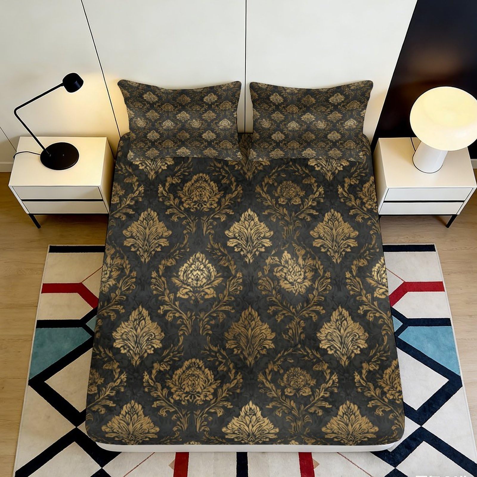 3D Printed Baroque Floral Fitted Sheet Microfiber Decorative Gold Pattern Mattress Cover for Bedroom Guestroom Dorm 90x200x25cm