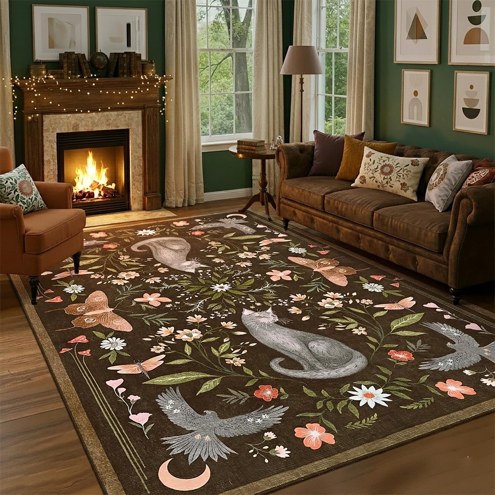 FairyStyle Cat Area Rug 240x340 cm, Animal Print Washable Rugs for Living Room, Low Pile Non Slip Floor Mat Soft Floral Throw Rug Indoor Carpet for Bedroom Dorm Playroom Gothic Decor, Dark Brown